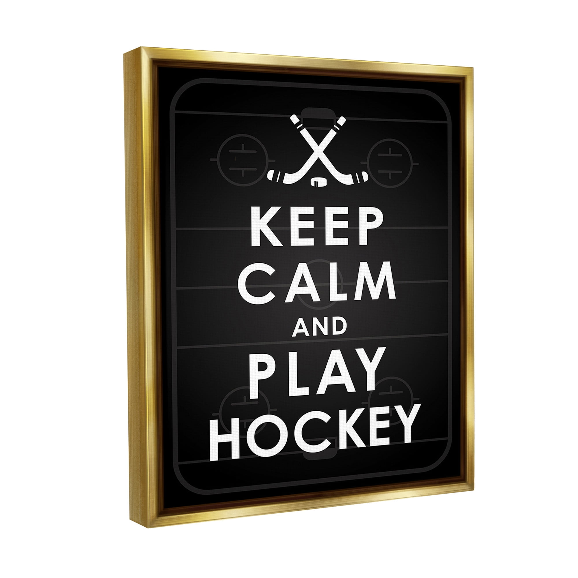 Stupell Industries Keep Calm & Play Hockey Sports Painting Gold Floater Framed Canvas Art Print Wall Art, 17 x 21