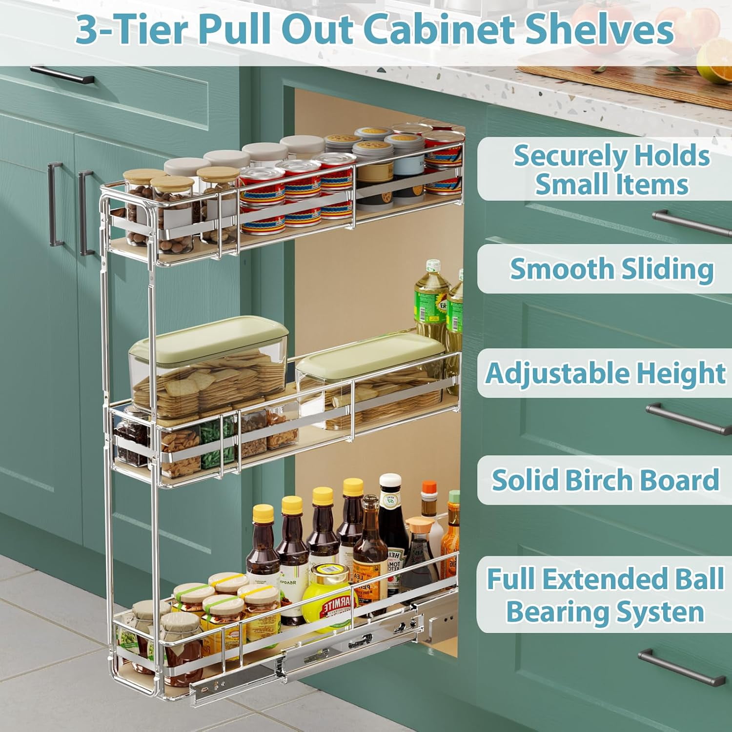 Pull Out Spice Rack Cabinet Organizer (8" W X 20½" D),3 Tier Slide Out Drawer for Narrow Cabinet, Pull Out Shelves Under Cabinet Storage for Kitchen