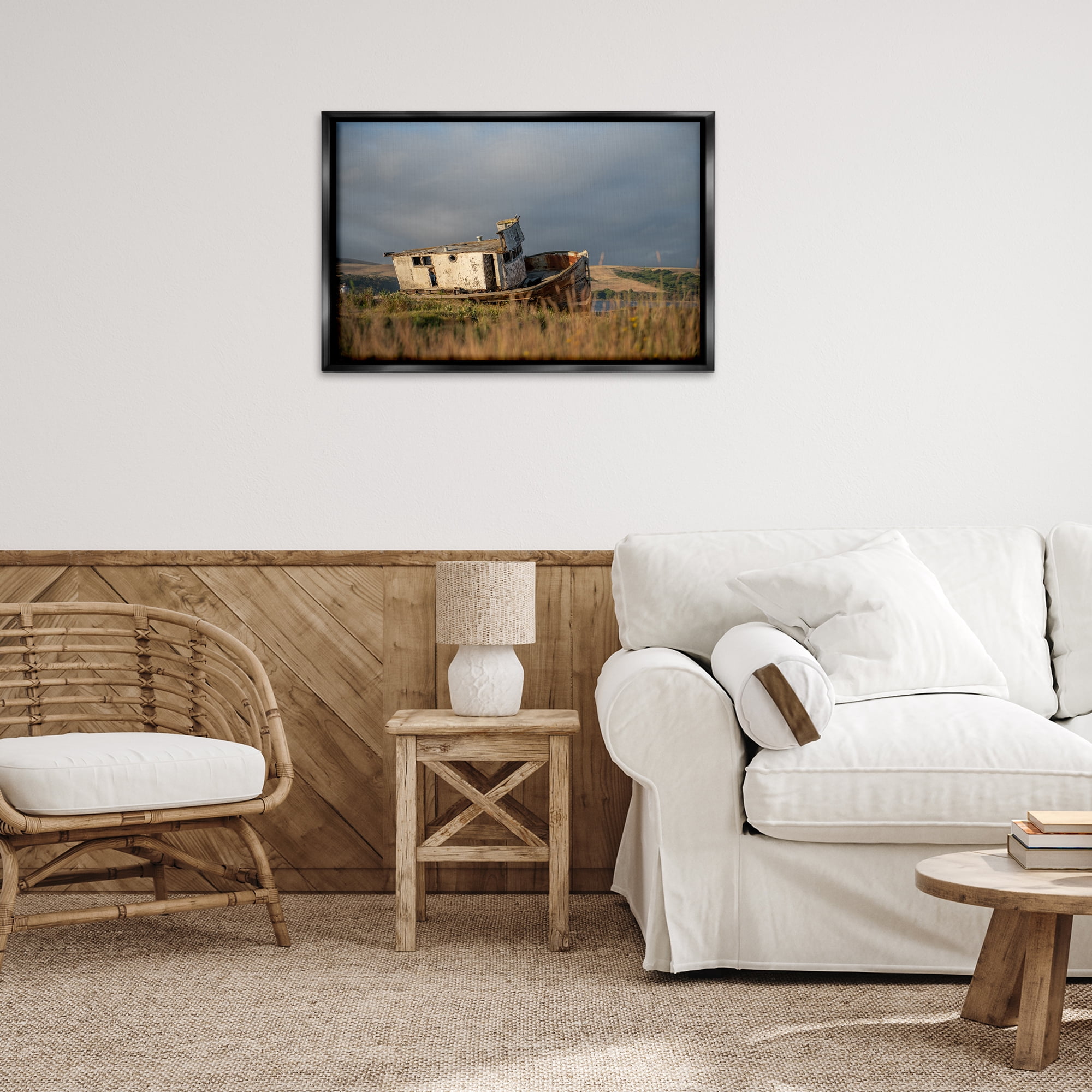 Stupell Industries Old Shipwreck on Beach Landscape & Nature Photography Black Floater Framed Canvas Art Print Wall Art, 31 x 21