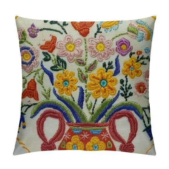 Creowell Farmhouse Floral Blossom Tufted Throw Pillow Cover Spring Colorful Flower Vase Leaves Pillowcase Soft Square Cushion Case Yellow,Multi-Size