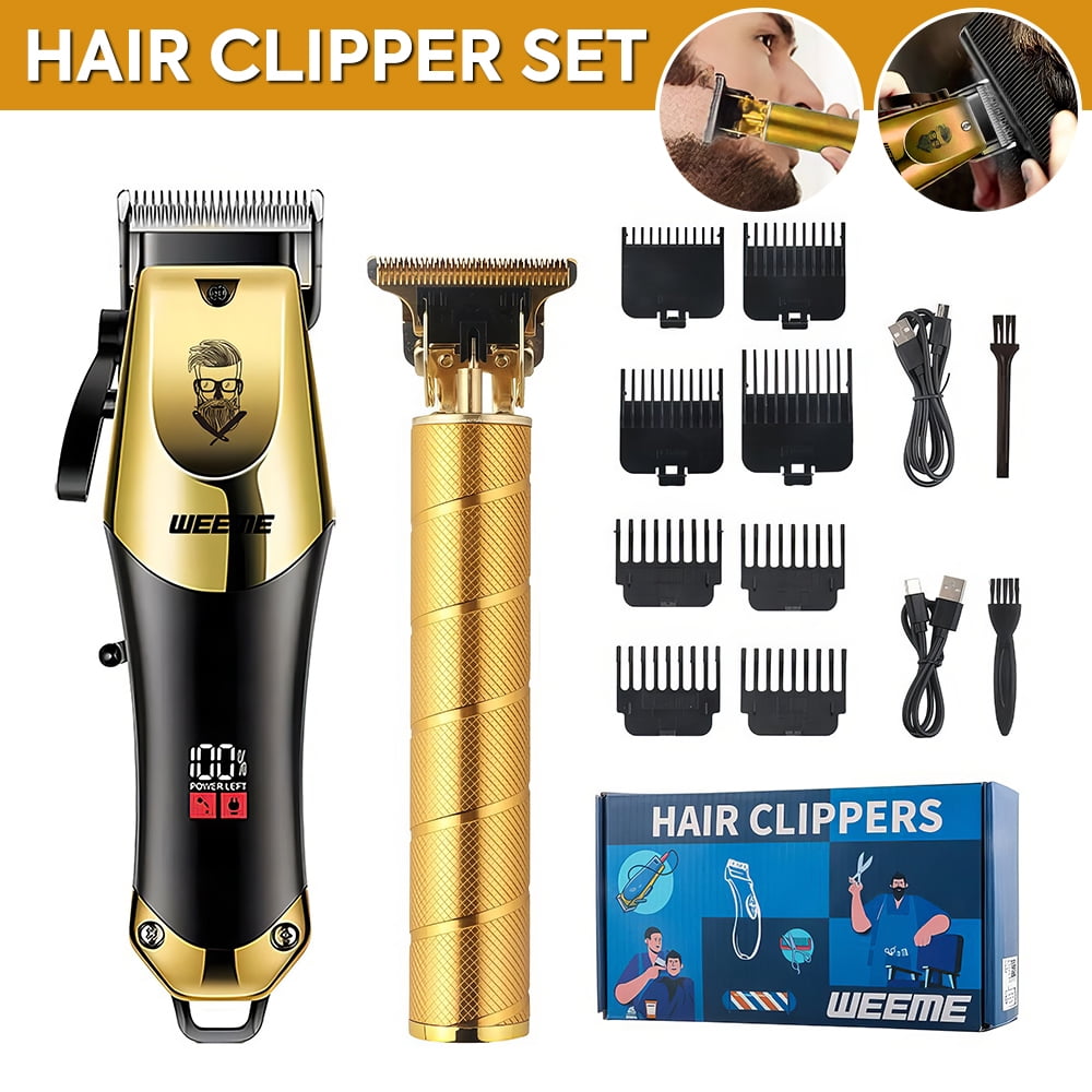 PEPWELL Professional 2-Piece Cordless Hair Clipper - Men's Grooming Kit with LED Display, 8 Guide Combs, Washable, USB Charge 150/90min Runtime for Barber Shop/Home Use