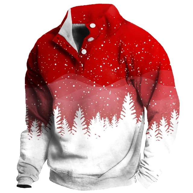 sudadera sin capucha para hombre, moda, bolsillos, manga larga, estampado navideño, sudadera con capucha, blusa de poliéster para hombre rojo. Vista frontal centrada de sudadera roja sin capucha con cuello redondo alto y botones decorativos en el pecho; base blanca con estampado de pinos y salpicado tipo copos; tejido de poliéster liso, mangas largas con puños y bolsillos laterales integrados; fondo blanco neutro. También suele usarse como capa interior ligera en viajes de invierno.