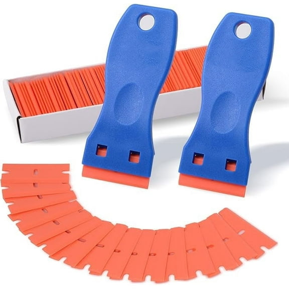 Emlimny 2PCS Plastic Razor Blade Scraper Include Scraper Tool and 100PCS Blades for Gasket Remover, Labels Decal and Adhesive Remover for Windows and Glass