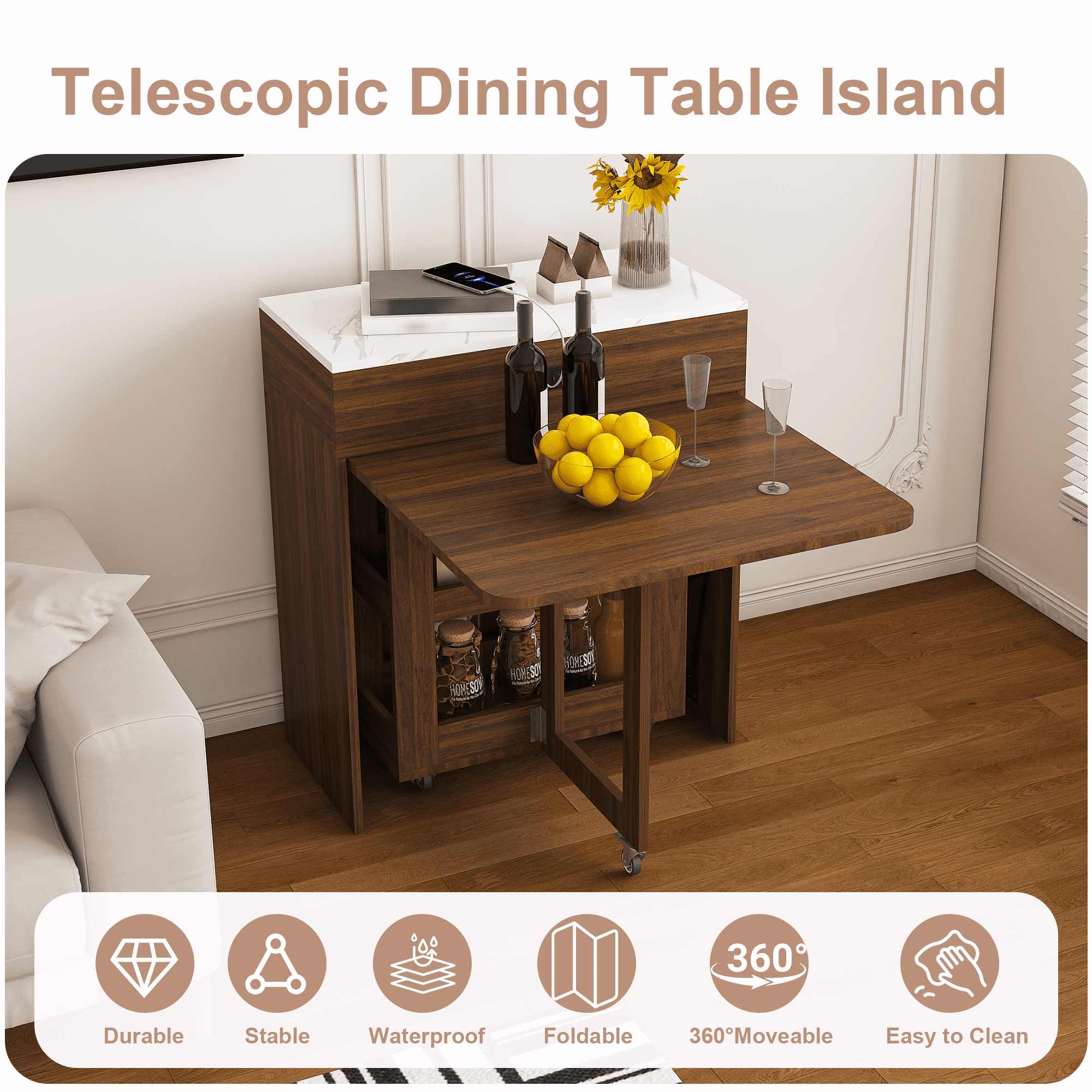 Mintazer Expandable Rolling Kitchen Island Dining Table with Power Outlet, Multi‑Mode Telescopic Folding Table with Lockable Casters & Storage Compartments for Small Apartment, Walnut