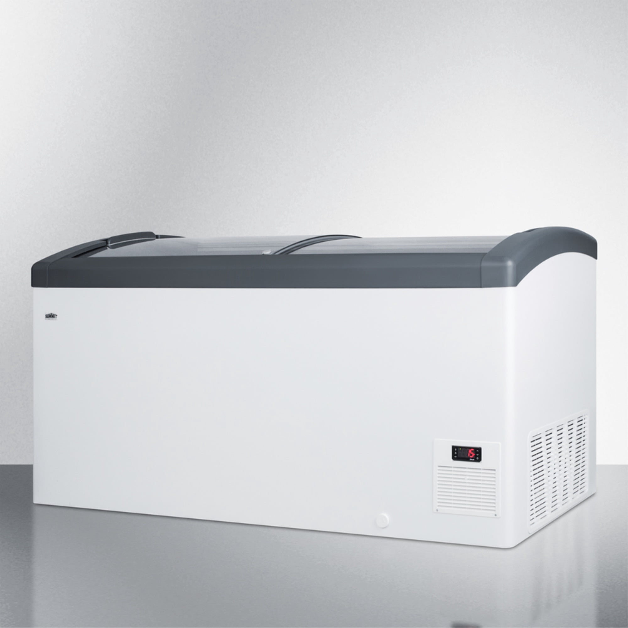 Curved top commercial ice cream freezer made in Denmark, with sliding glass lid, digital thermostat, novelty baskets, and 14.8 cu.ft. interior