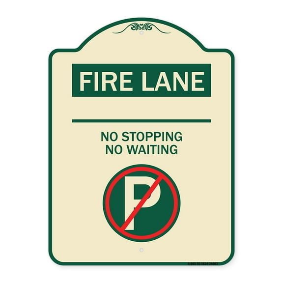 SignMission Designer Series Sign - Fire Lane - No Parking No Waiting (With No Parking Symbol) | Tan & Green 18" x 24" Heavy-Gauge Aluminum Architectural Sign | Made in the USA