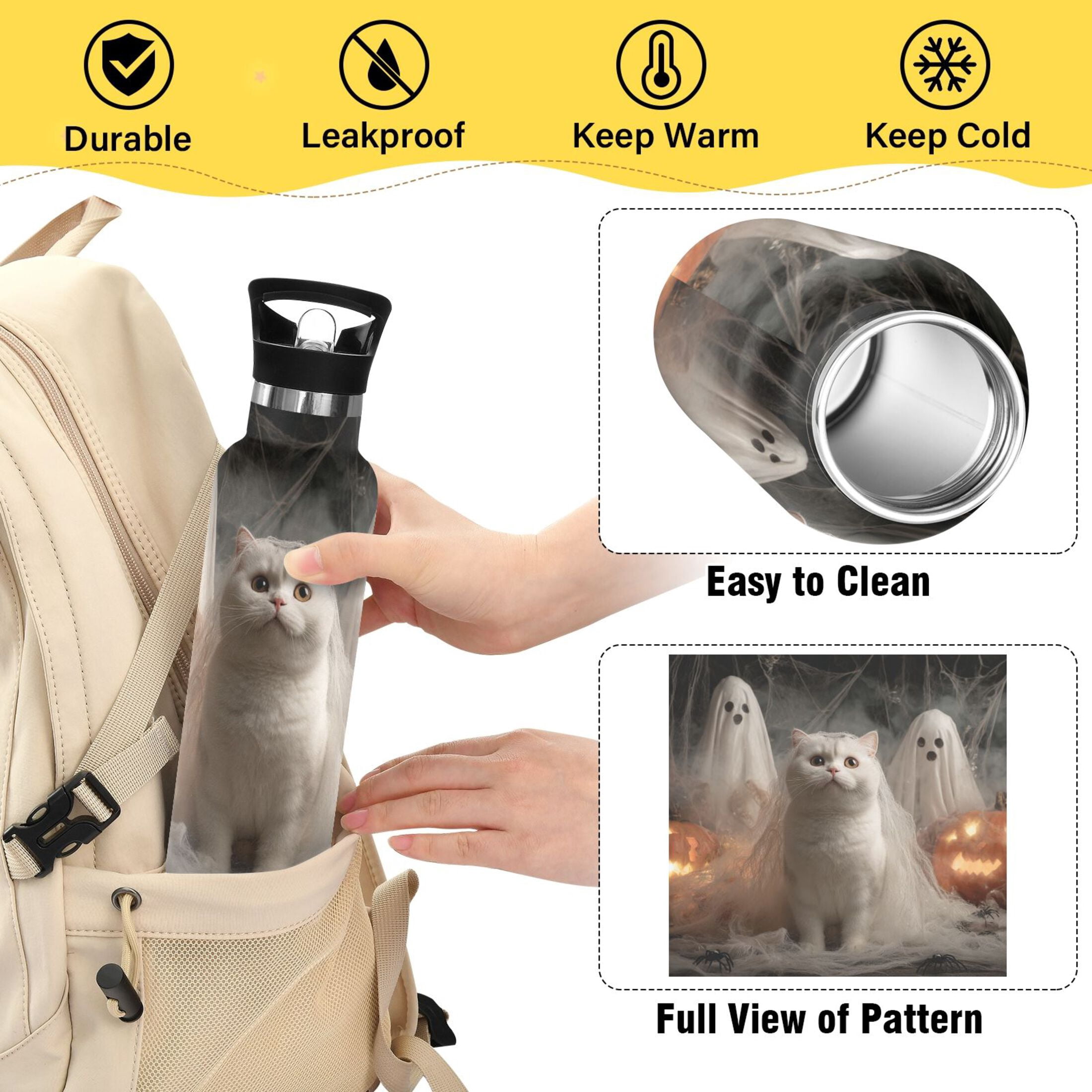 Kids Insulated Stainless Steel Sports Water Bottle 600ml (20oz) Shorthair Cat and White Gauze
