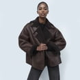 thumbnail image 5 of Women Thick Lined Faux Suede Oversized Leather Coat Shearling Moto Jacket Winter Overcoat Dark Brown M, 5 of 9