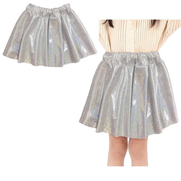 Girls Metallic Skater Skirts Sparkly Skirt Elastic Waist Flared Pleated A-Line Silver Skirt Birthday Party Dresses