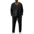 thumbnail image 4 of Nokdvo 2 Piece Set for Men Lightweight V Neck Baggy Jacquard Pullover Fall Winter Drawstring Solid Color Long Sleeve Casual Pullover Set with Pockets,Black M, 4 of 5