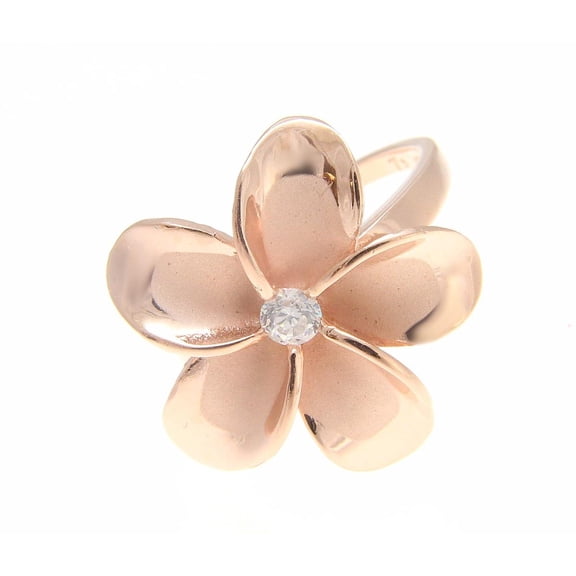 Pink rose gold plated sterling silver 925 Hawaiian plumeria flower ring 21mm cz size 4