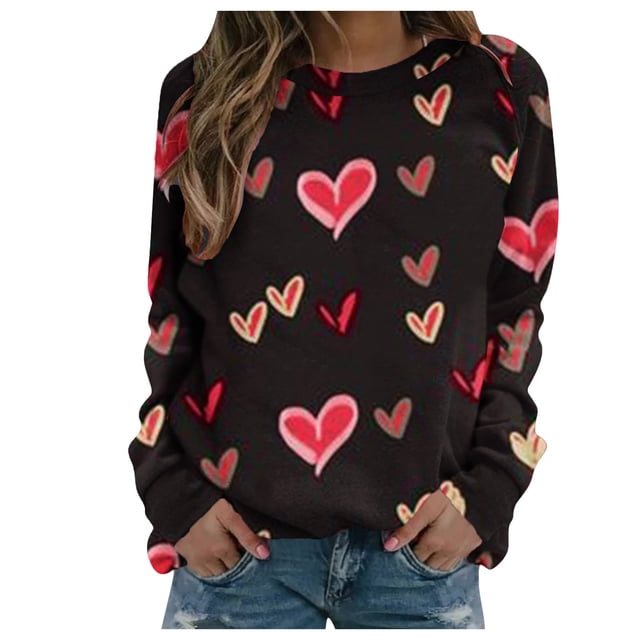 Chandail Mince Imprimé Décontracté pour Femmes de la Saint-Valentin à Manches Longues à Col Rond/chemise