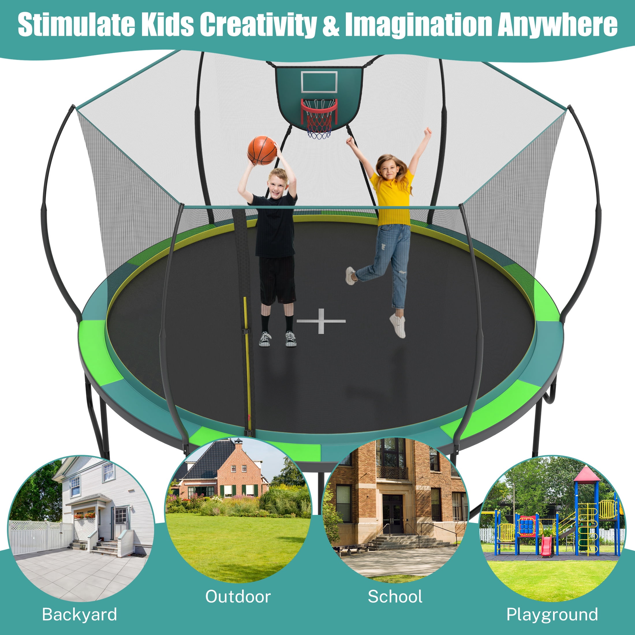 14 Ft Trampoline for Kids and Adults, Outdoor Trampoline with Fiberglass Rods and Smart Zipper System Zero Gaps, Segmart Recreational Trampoline with Enclosure Net, 880LBS Heavy Duty Trampoline