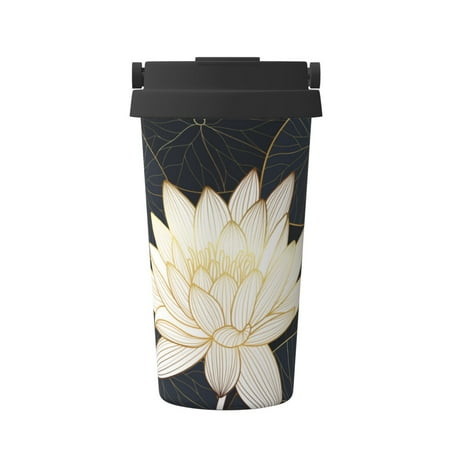 

Pofeuu Golden Lotus Print Coffee Mug Iced Coffee Tumbler Cup Double Wall Vacuum Leak-Proof Thermos Mug CoffeeThermos Travel Mug