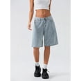 thumbnail image 6 of Michellecmm Women's Knee Length Denim Shorts Loose Solid Color Low Rise Wide Leg Long Shorts with Pockets, 6 of 9