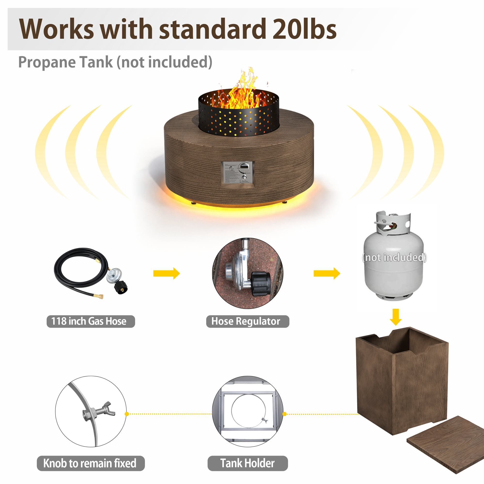 30 in. Round Propane Firepit Table with Golden LED Light, 50,000 BTU Outdoor Fire Pit Table in Dark brown Wood Grain