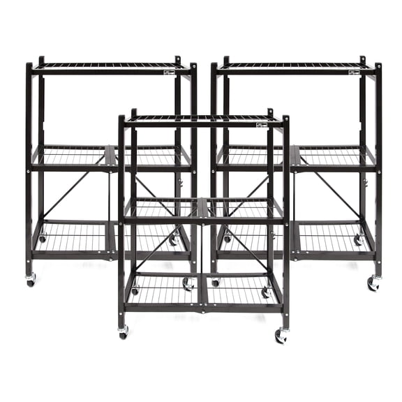 Origami 3-Pack Multipurpose Foldable 3-Tier Shelf Storage Racks, R3, Black