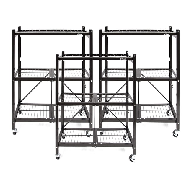 Origami 3-Pack Multipurpose Foldable 3-Tier Shelf Storage Racks, R3, Black