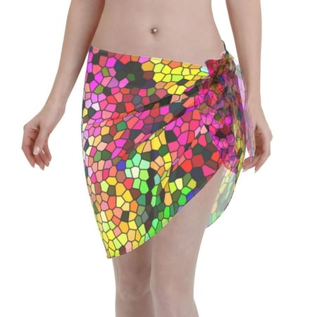 Qekee Colorful Tie Dye Stained Glass 3 Women s Short Sarongs Cover Ups Sheer Bikini Wraps for Swimwear
