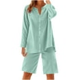 thumbnail image 2 of Roncen Women's Linen V-Neck Button-Up Shirt & Drawstring Shorts Set - Pure Color Casual Outfit with Long Sleeve Top and Elastic Waist Shorts, 2 of 9