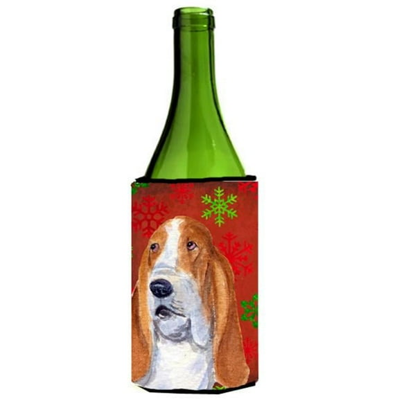Basset Hound Red And Green Snowflakes Holiday Christmas Wine bottle sleeve