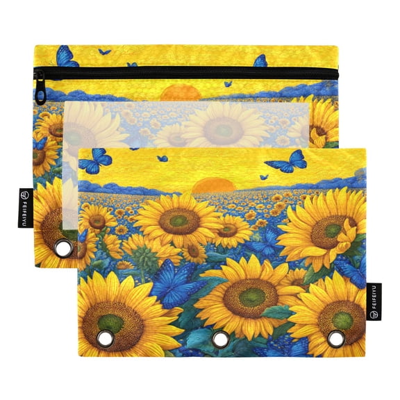 2 Pack 3 Ring Binder Pouch with Clear PVC Window Water Resistant Zipper Pencil Pouch Sunflowers in The Field Binder Pocket for Classroom Office Home Stationery Organization