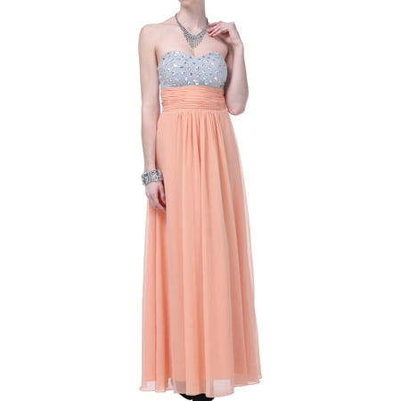 Faship Womens Crystal Beading Full Length Evening Gown Formal Dress Peach -