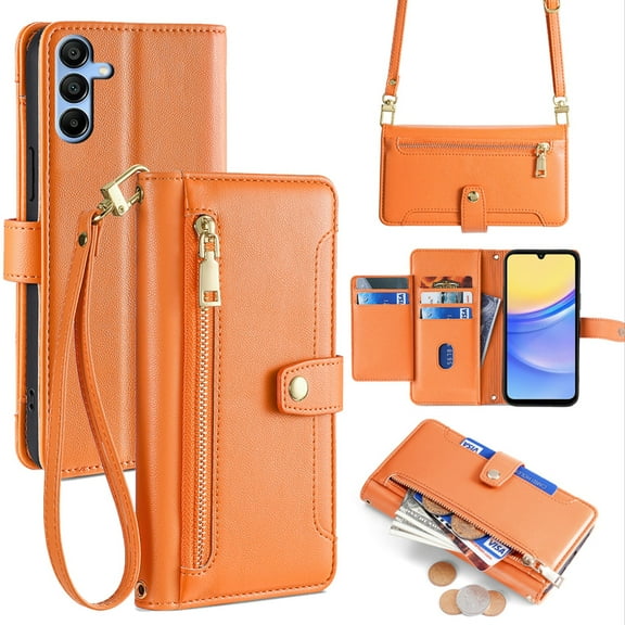 New Phone Case For Samsung Galaxy S25 FE Zipper Wallet PU Leather Card Slots Kickstand Flip Case Shockproof Full Protective Cover with Adjustable Crossbody Lanyard Wrist Strap ,Orange