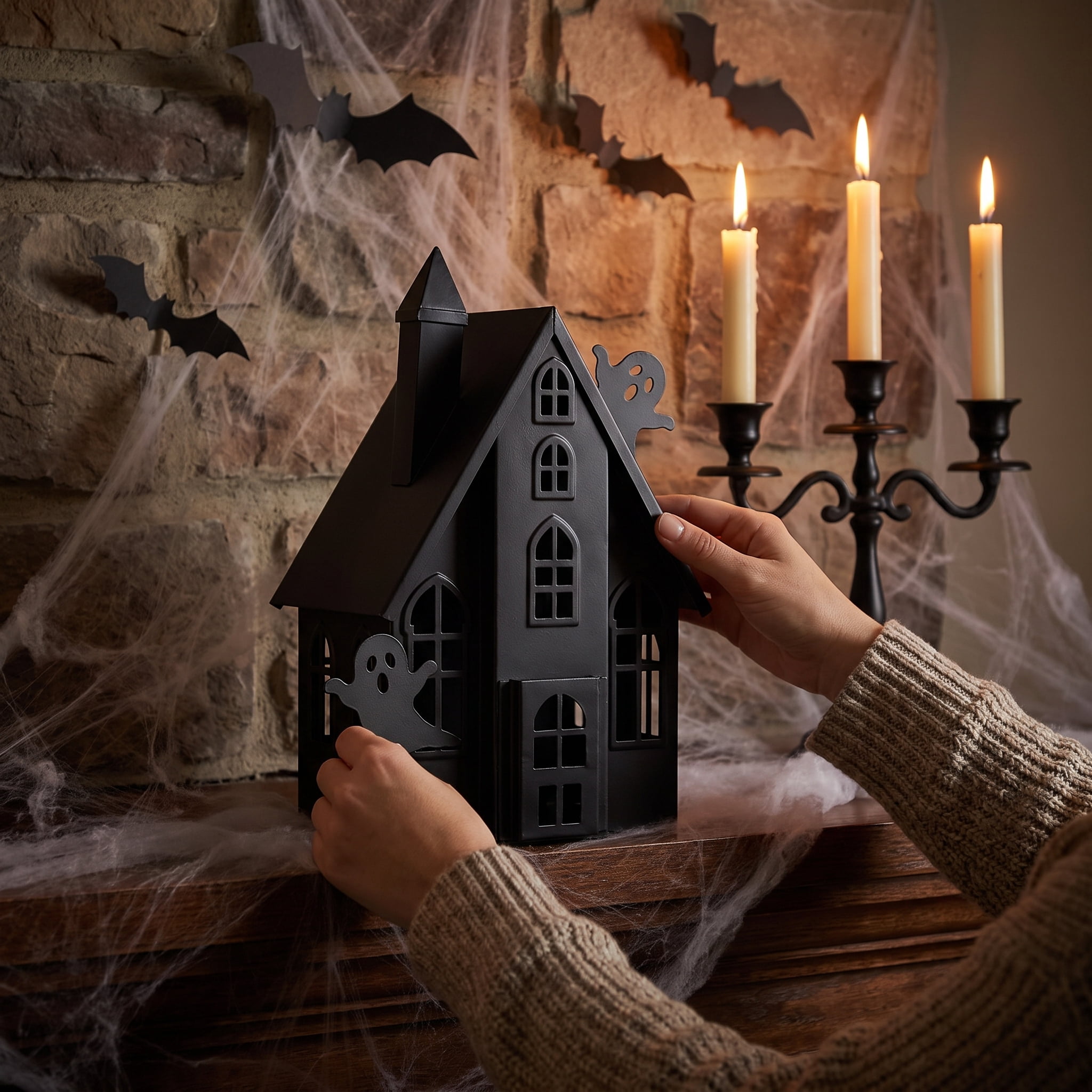 Metal Haunted House Decoration, Black, 12.6", Halloween by Way To Celebrate