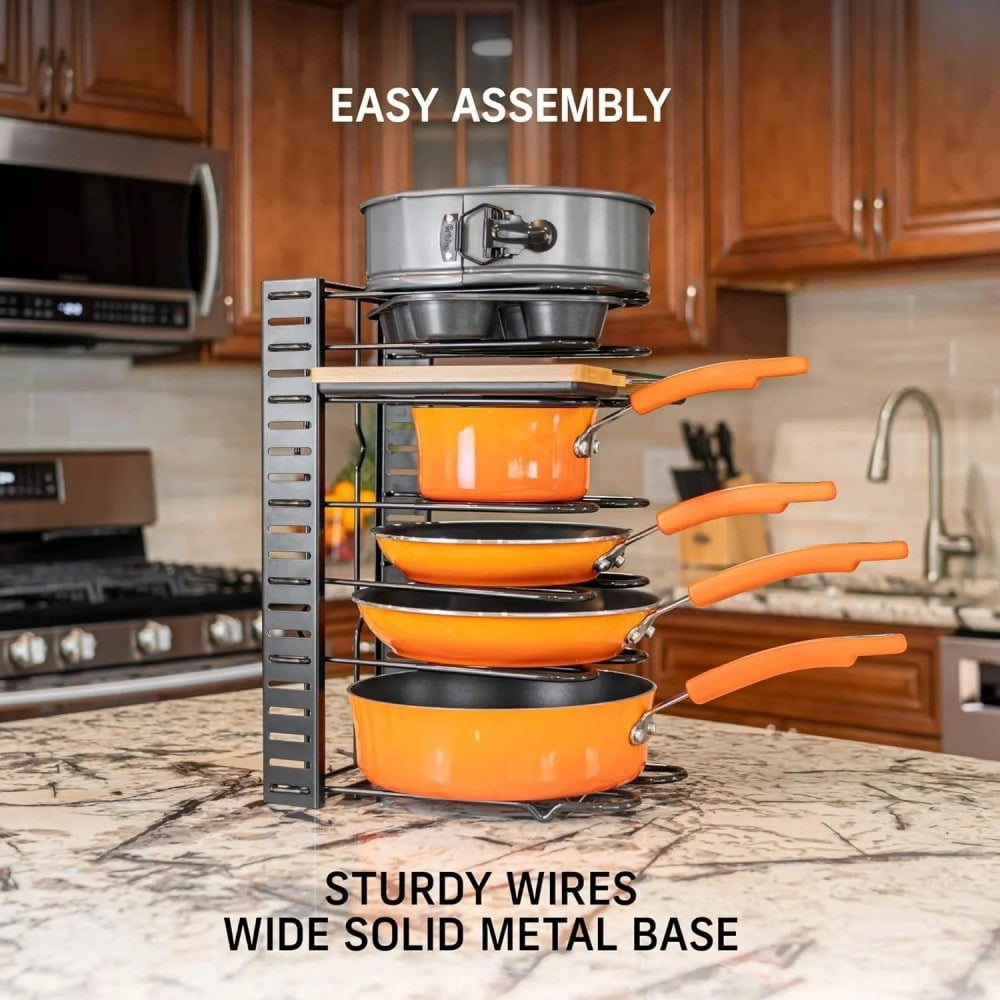 8-Tier Adjustable Pots and Pans Organizer Under Cabinet – Heavy-Duty Kitchen Storage Organization Rack for Cookware, Lids & Cutting Boards – DIY Cabinet Organizer, Under Sink Organizer