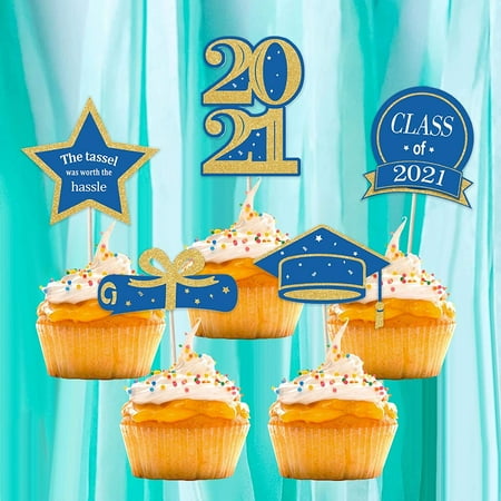 Graduation Decorations 2021 - 70 Pack Blue and Gold Grad Cupcake