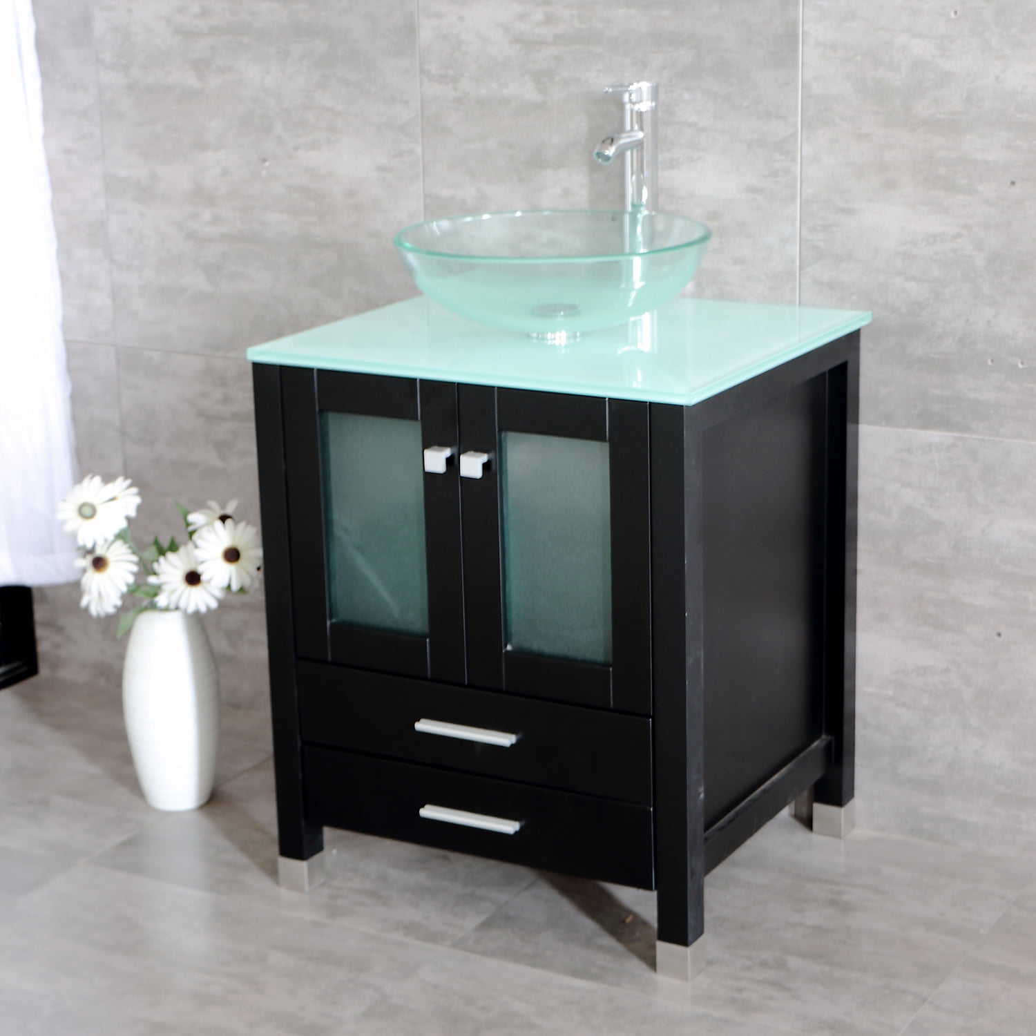 Wonline 25" Single Bathroom Vanity Cabinet Solid Wood w/ Glass Sink Faucet Mirrors