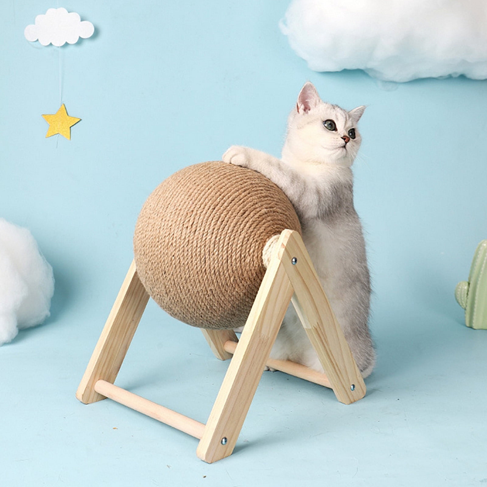 XEOVHV Cat Toys Sisal Scratcher Ball, Natural Sisal Cat Scratching Ball, Cat Scratcher Toy with Ball, Interactive Solid Wood Scratcher Pet Toy, Diameter 6.3 Inch