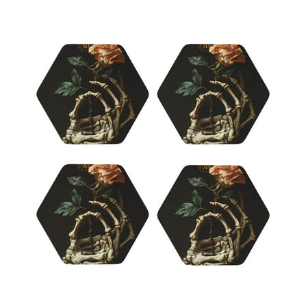 

KLL Drink Coasters Set Hexagon of 4 PU Leather Absorbent Coasters Set Decorative Coffee Cup Coasters Housewarming Gift for Home Decor-Skeleton Hand Rose Butterfly