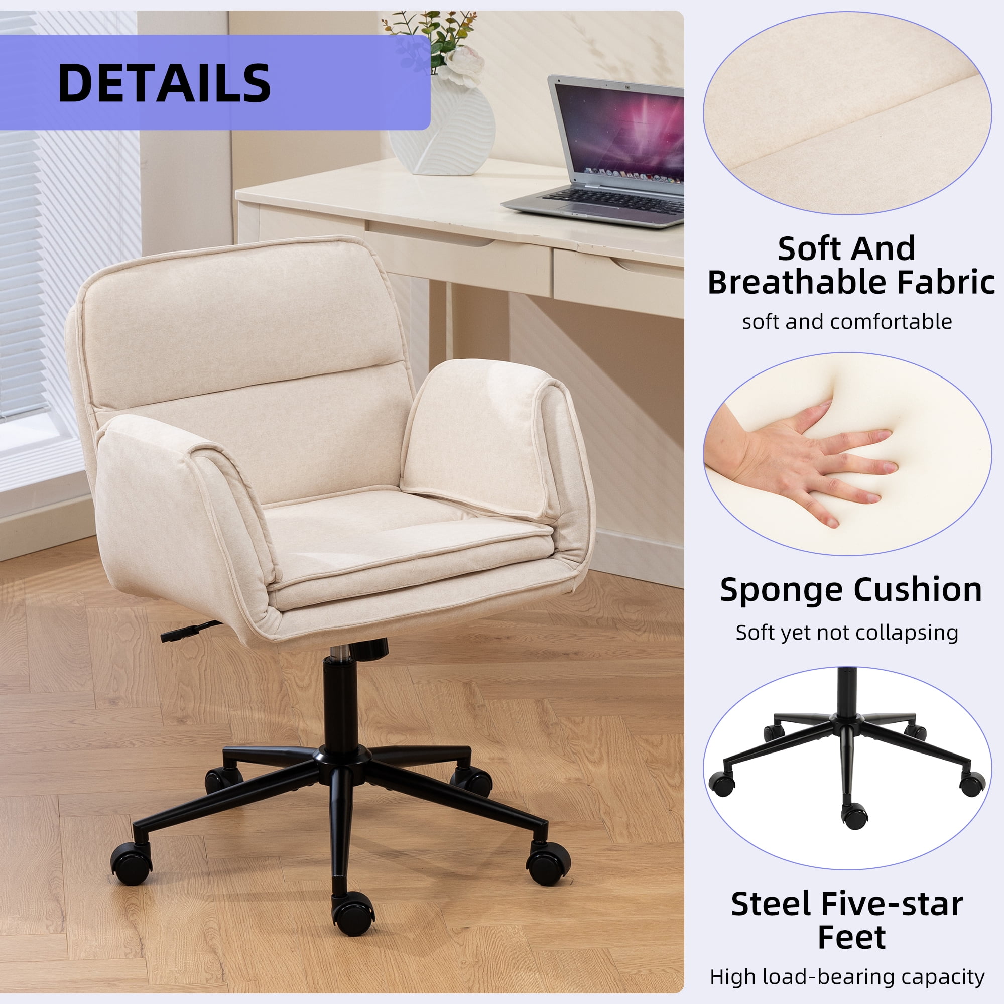 Jopath Criss Cross Chair with 5-Gear Adjustable Armrests and Wheels, Ergonomic Thickened Backrest Swivel Desk Chair for Home Office Vanity Bedroom and Living Room Beige Cloth
