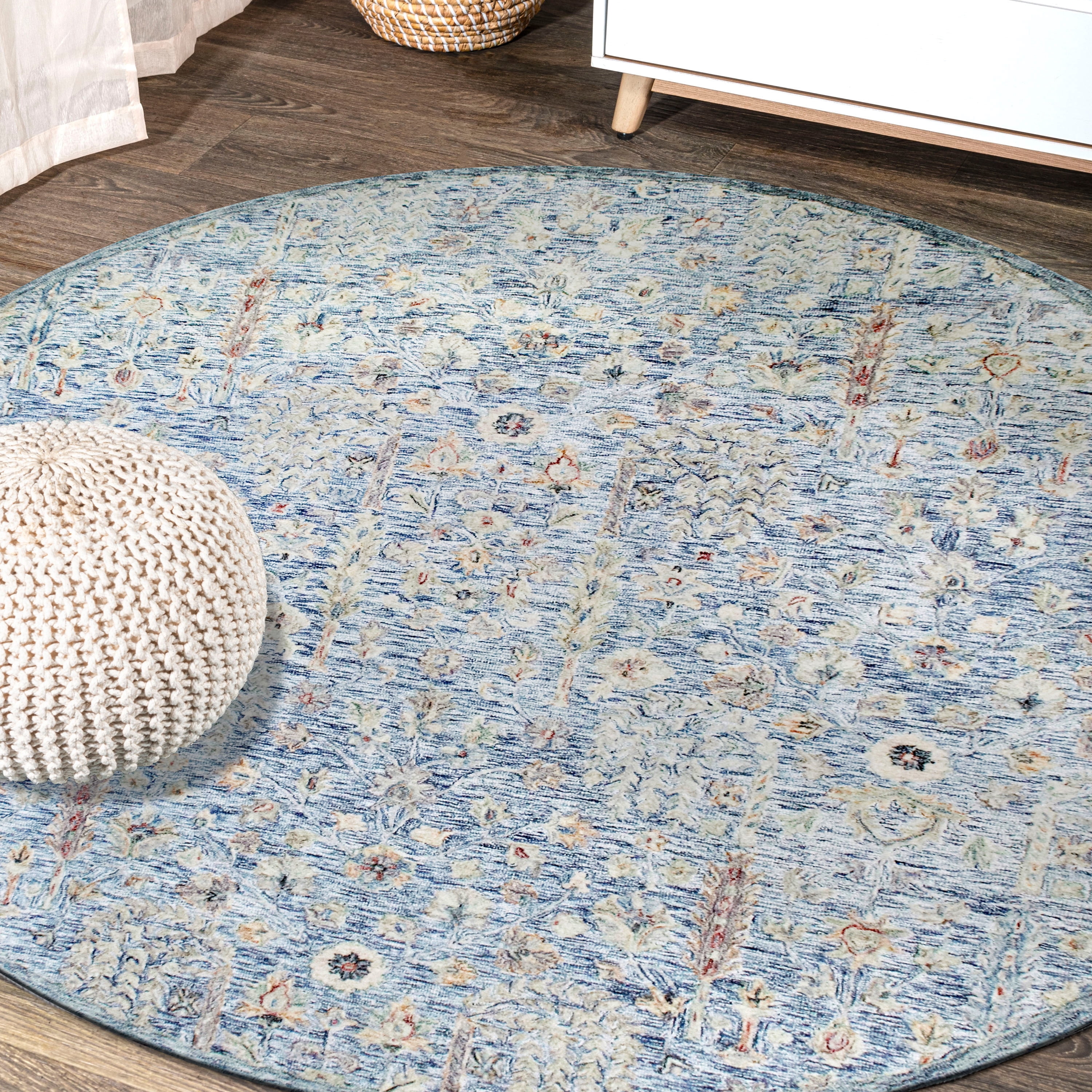 LR Home Viane Blythe Blue/Taupe Vintage Floral Wool Round Rug, 8'6" Round