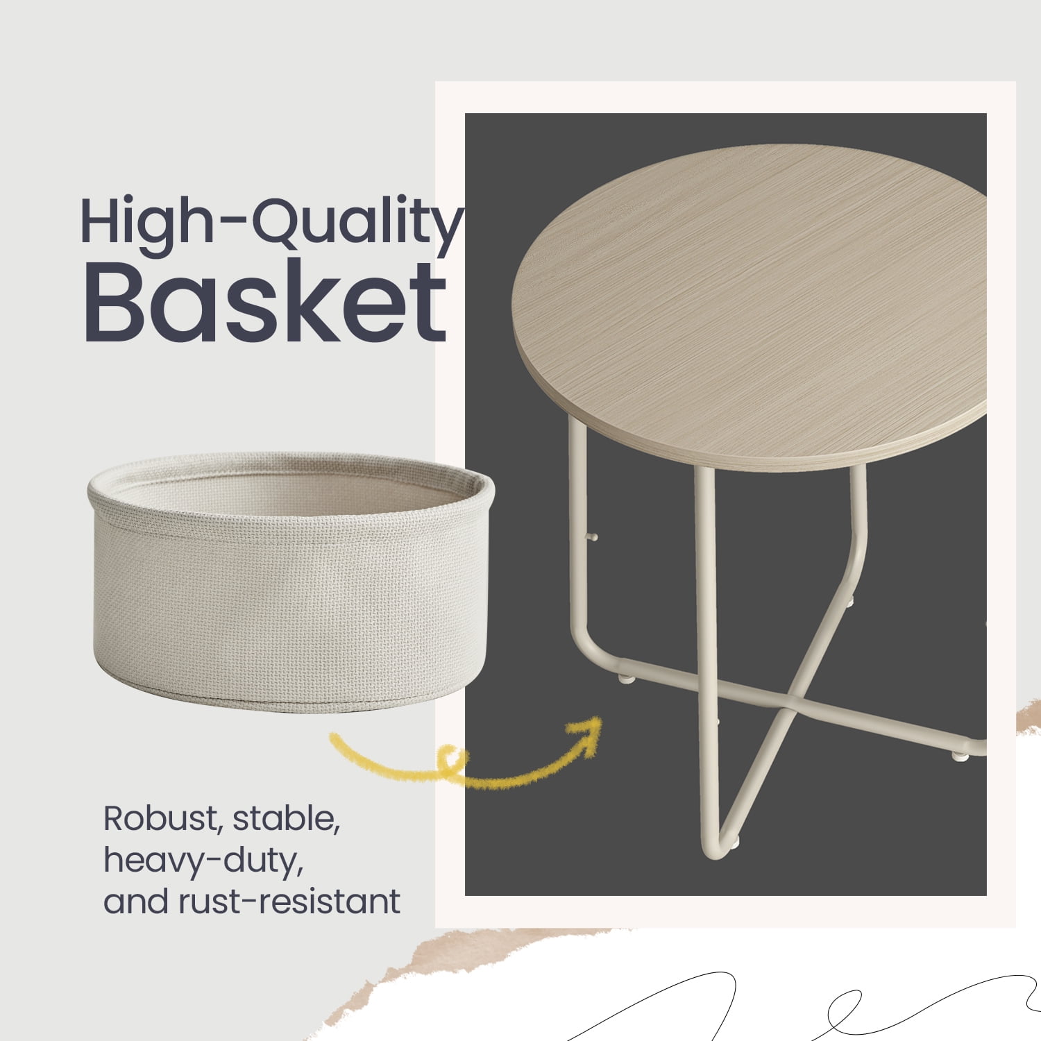 LEDREM Modern Round Accent Table with Fabric Storage Bin, Compact Nightstand for Bedroom & Living Area, Space-Saving Furniture with Patented Design, White