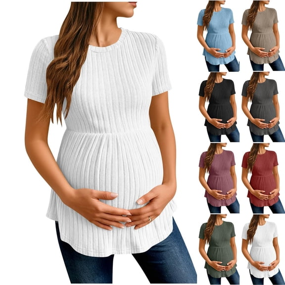 Agkizg Women's Maternity Crew Neck Short Sleeve T Shirt Solid Color Ruched Waist Unwaisted Loose Casual Top
