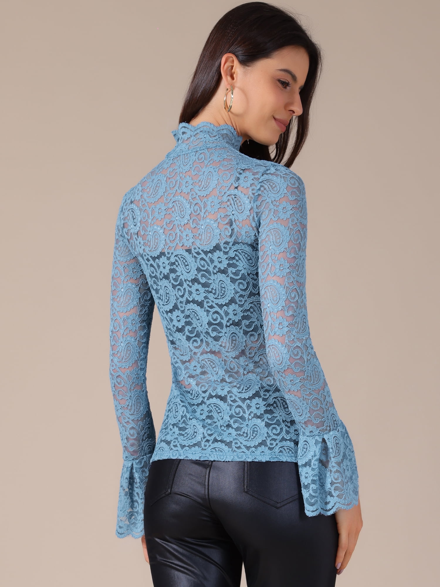 DARING DIVA Women's Lace High Neck Bell Long Sleeve Sheer Mesh Blouses XS Blue