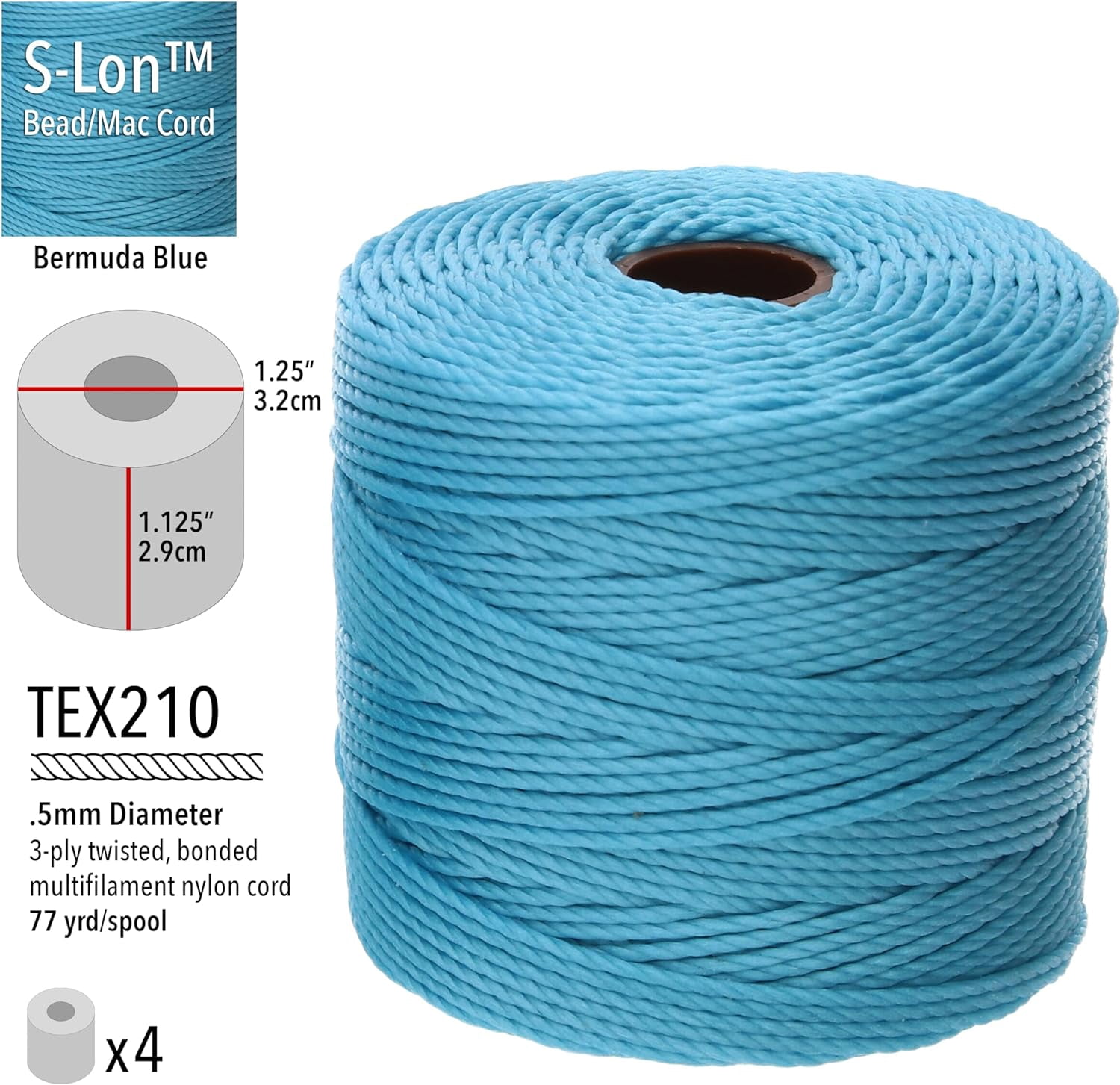 The Beadsmith S-Lon Bead Cord – .5 mm Twisted Nylon Cord, 4 Spools, Bermuda Blue Color, TEX210, 77 Yards