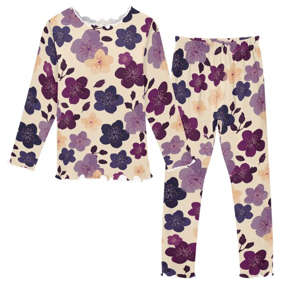 Spring Flowers Long Sleeve Snug Fit Pajama Set 2 Piece Soft Warm Fleece Top and Pants Sleepwear PJs