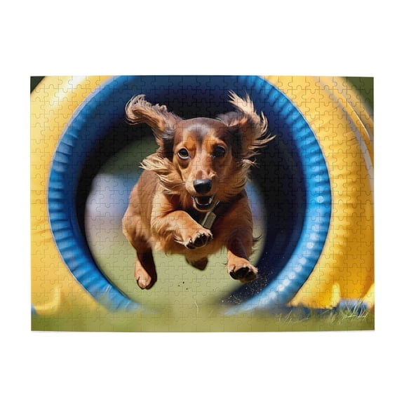 500-Piece Wooden Jigsaw Puzzle for Adults - Dog Jumping Through Hoop , Interlocking Pieces with Guide Letters, Holiday Gift & Home Decor