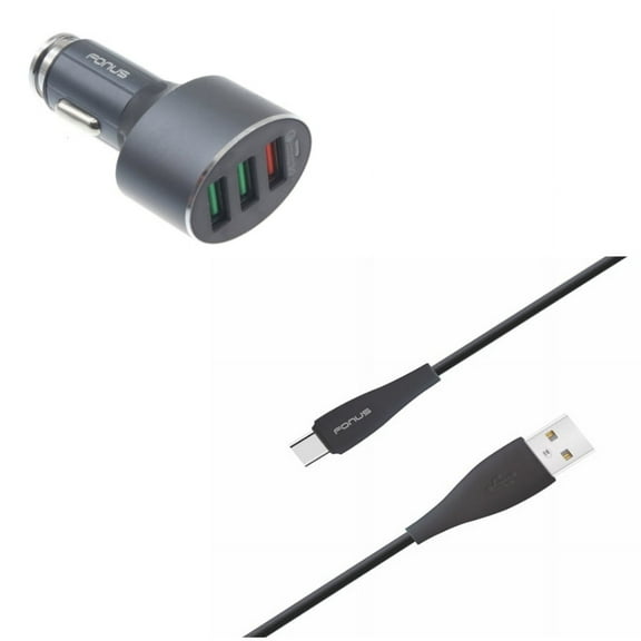 Charger Cord Type-C 10ft USB Cable w 3-Port USB 42W Quick Car Charger V7P for Acer Liquid Jade Primo - Alcatel PulseMix, 7, Idol 5S 5 4S, 3V (2019) - ASUS Zenfone V Live, ROG Phone 2, AR 6 5z