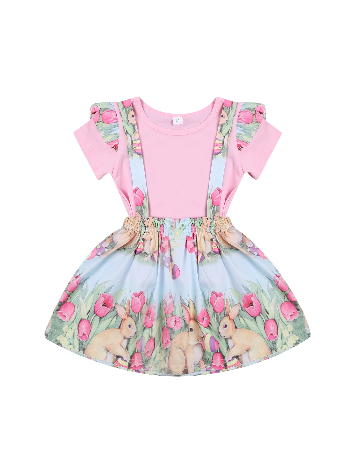 Toddler Kids Baby Girl Easter Bunny Rabbit Tops Bow Suspender Skirt Outfits Set