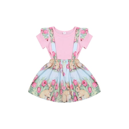 

Xingqing Toddler Kids Baby Girls Easter Outfit Short Sleeve Ruffle T-Shirt Tops Bunny Suspender Skirt Summer Clothes Set 1-4T