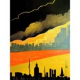 thumbnail image 1 of Modern Black Yellow Orange Linocut London Skyline Cityscape Storm Lightning Unframed Wall Art Print Poster Home Decor Premium, 1 of 4