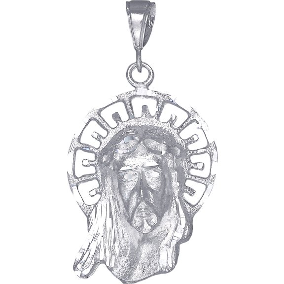 Sterling Silver Jesus Head Pendant Necklace Diamond Cut Finish with 24 Inch Chain