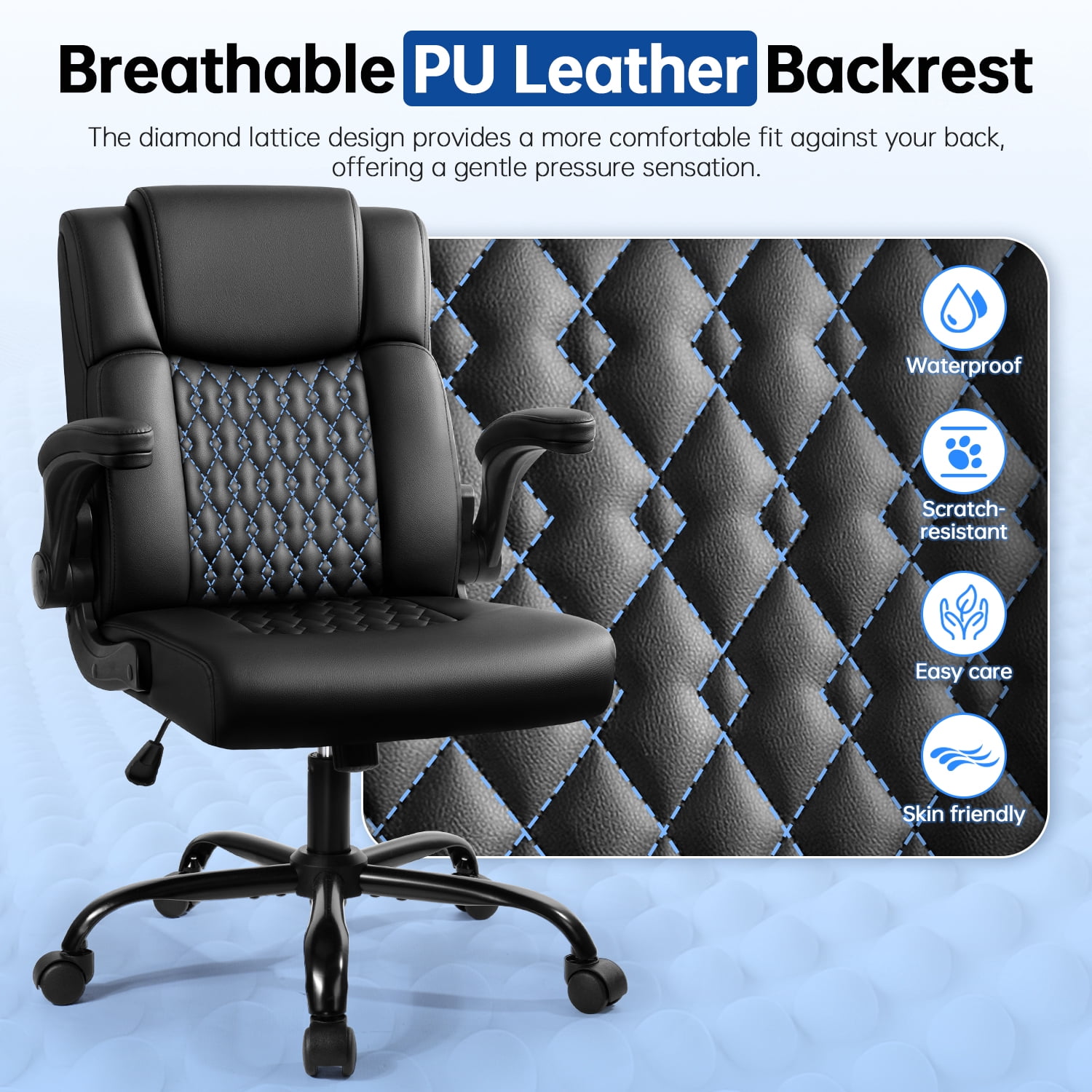 Waleaf Leather Office Chair,Wide Seat Small Computer Desk Chair Ergonomic Mid-Back Executive Chair with Back Support for Short People,Black