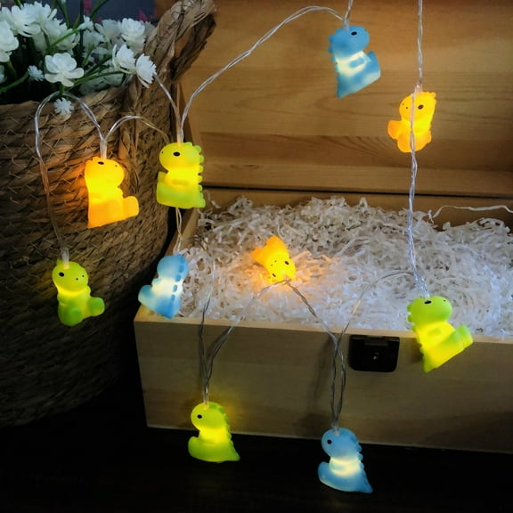 1.65M 10 LEDs Yellow Green Blue Dinosaur String Lights Battery Powered Dinosaur Night Light for Kids Room - Interactive Squeaky, Warm White Glow, Child-Birthday Decorative Light