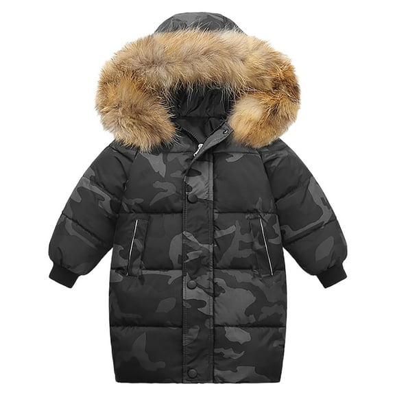Otqutp Kids Boys Girls Middle and Large Children Winter Big Hairy Collar Long Sleeve Thickened Down Cotton Jacket Winter Outerwear(CE2,18-24 Months)